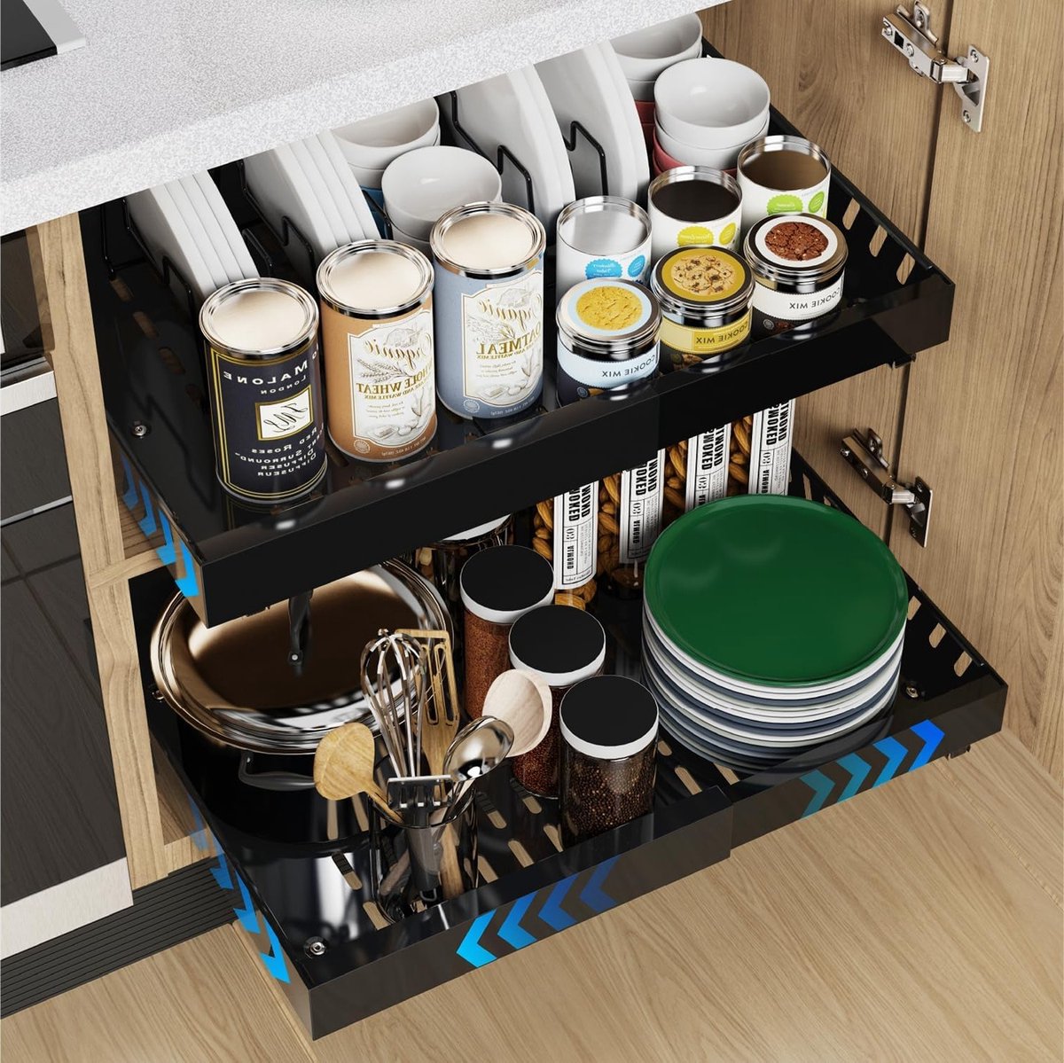 Uitbreidbare Adhesive Oppervlakte Keuken Organizer met 2 Pcs, 53cm Diepe Lades voor Onder-Keukenkastjes, Verstelbare Breedte 32-53cm, Perfect voor Servies en Keukenaccessoires