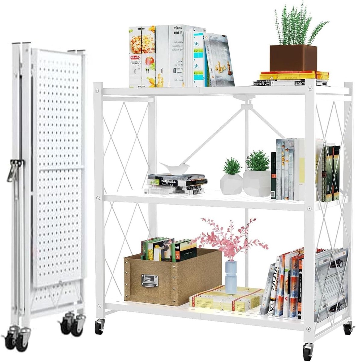 Vouwbaar metalen opbergrek met wielen, 71 x 30 cm, 550 kg draagvermogen, multifunctioneel organizer zonder montage, 3 niveaus voor efficiënt ruimtegebruik