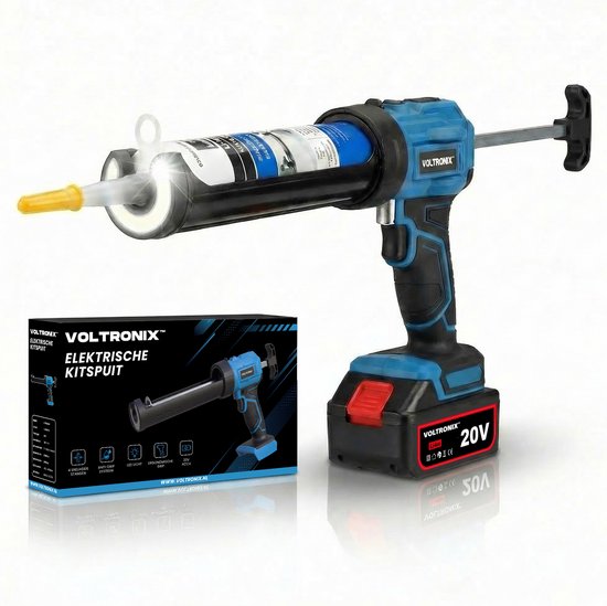 Elektrische kitspuit van Voltronix in blauw en zwart met 20V accu. Inclusief doos met productinformatie.