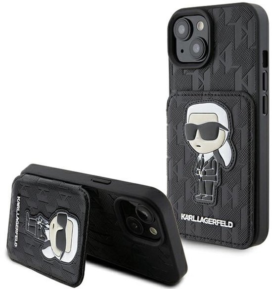 Karl Lagerfeld iPhone 15 hoesje zwart Saffiano hardcase met kaartsleuven en standaardfunctie monogram