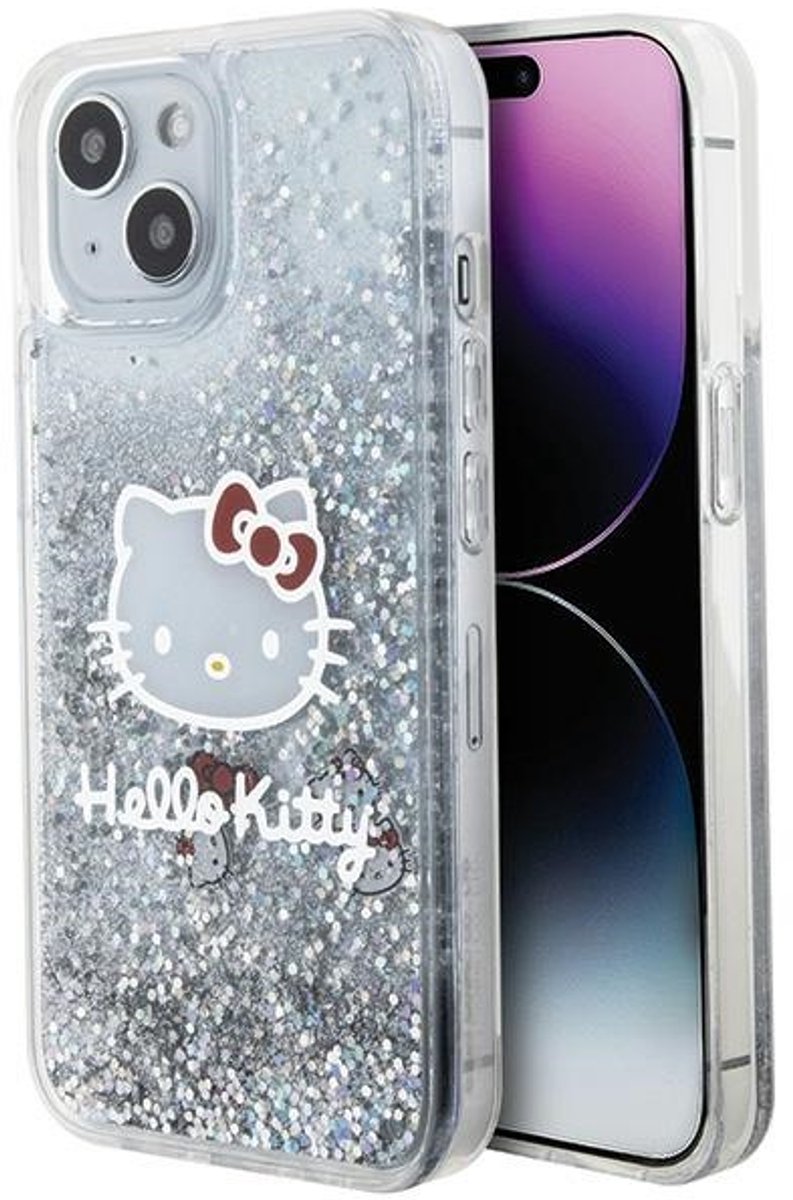 Hello - Kitty - Liquid Glitter Charms Kitty Head case voor iPhone - 14 - zilver