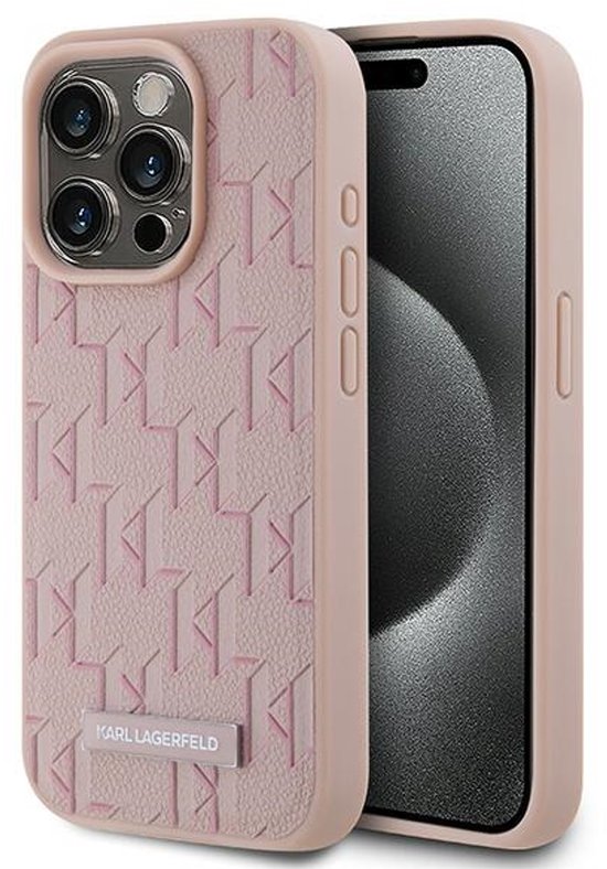 iPhone 15 Pro hoes leer roze Karl Lagerfeld MagSafe bescherming luxe design monogram