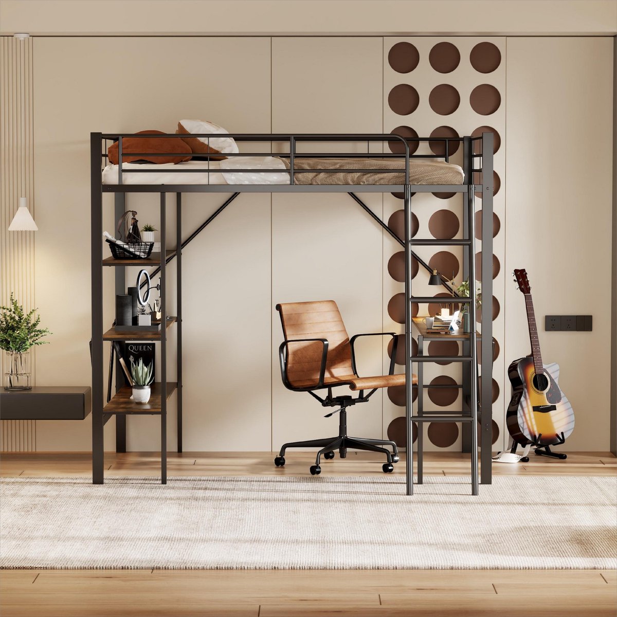 VVBV Ruimtebesparende Hoogslaper 90x200 cm met Voor Volwassenen, Voor Kinderen/Tieners - Planken, Bureau - Metaal Zwart