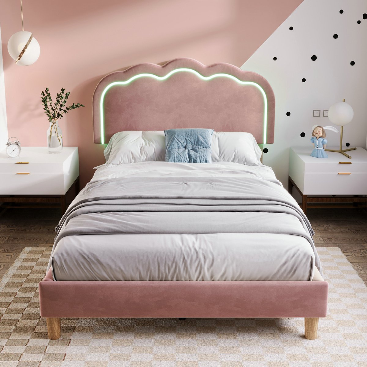 VVBV Gestoffeerd Eenpersoonsbed met LED-Verlichting 90x190 cm - Lattenbodem, Verstelbaar Hoofdbord - Fluweel Roze