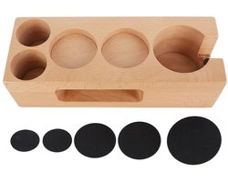 Professioneel koffietamper station met houten mat, espresso tamper houder en filterstandaard voor perfecte koffiezetervaring