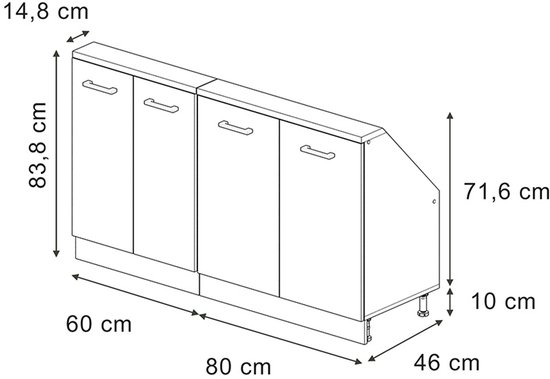 Technische tekening van een grijze kast van 83,8 cm hoog met 4 deuren en afmetingen.