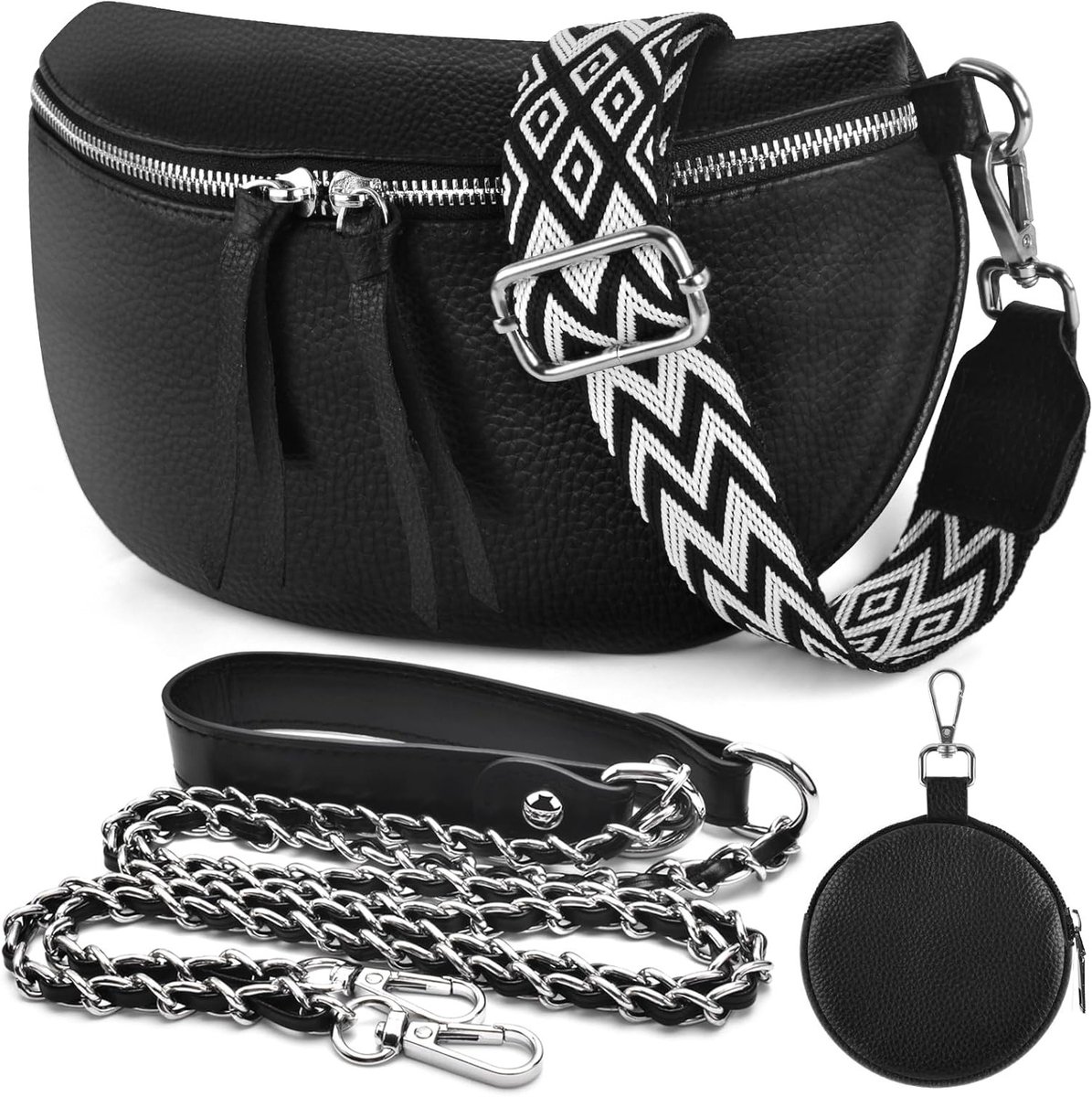 Leren Schoudertas voor Mobiele Telefoon, Crossbody Tas met 2 Brede Schouderbanden, Kaarthouder en Kleine Leren Tas, Zwart, Ideaal voor Vrouwen, Stijlvolle en Praktische Tas