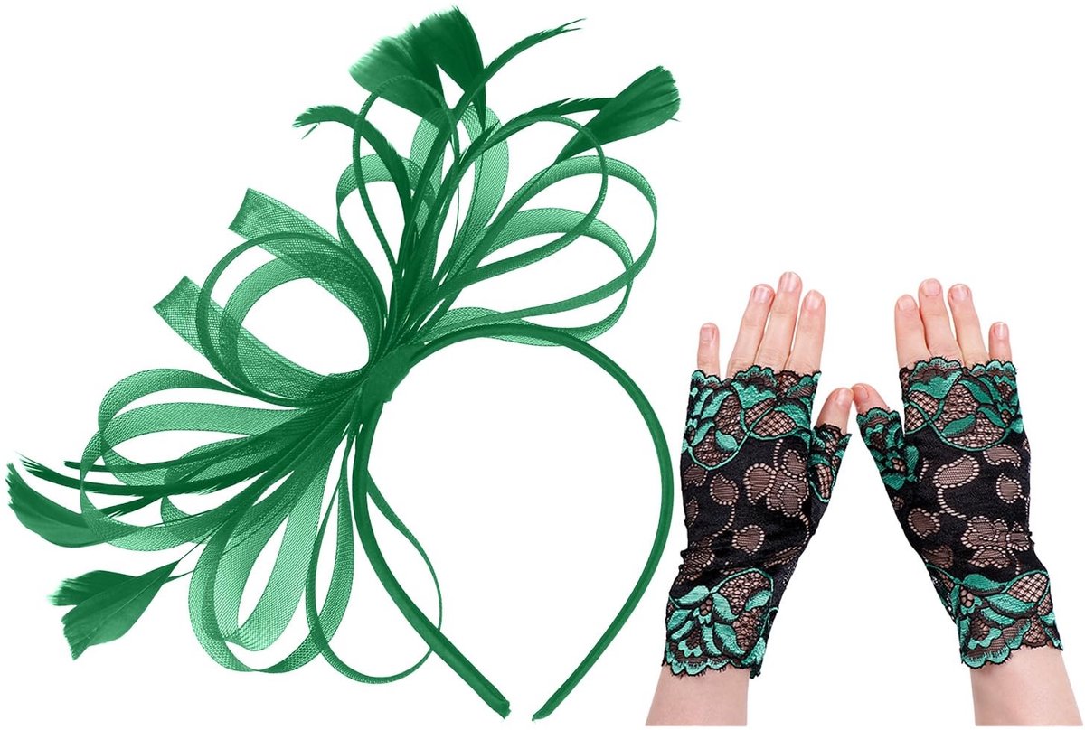 Allecto - Veerkapsel - Bruiloft - Kanten handschoenen - Donkergroen - Dames - Groen kapsel - Podiumdanskapsel - Geschikt voor bruid