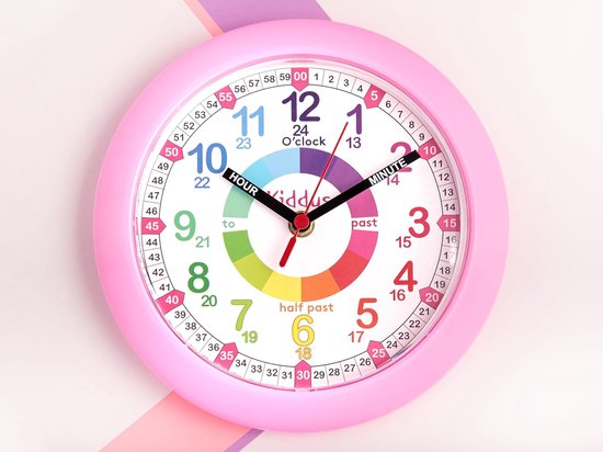 Wandklok Kinderen - Klok Leren Tijd - Tijd Leren - Geluidloos Uurwerk - 21 cm - Roze — afbeelding 5
