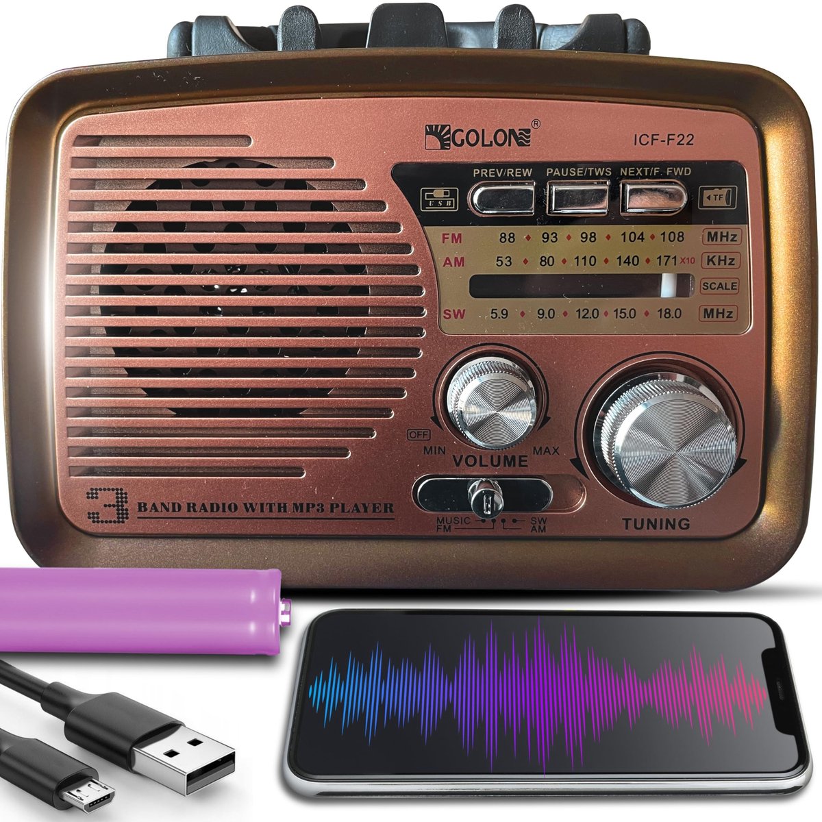 Allecto - Retoo Retro Bluetooth Radio - Compacte Vintage Kofferspeler met FM en USB