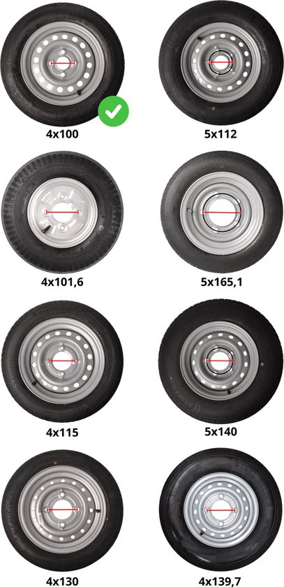 Roue 8 pouces complète pneu 4.00-8 + jante - Pas Opel: 4x100 - 6PR - 335 kg - diamètre moyeu 60 mm