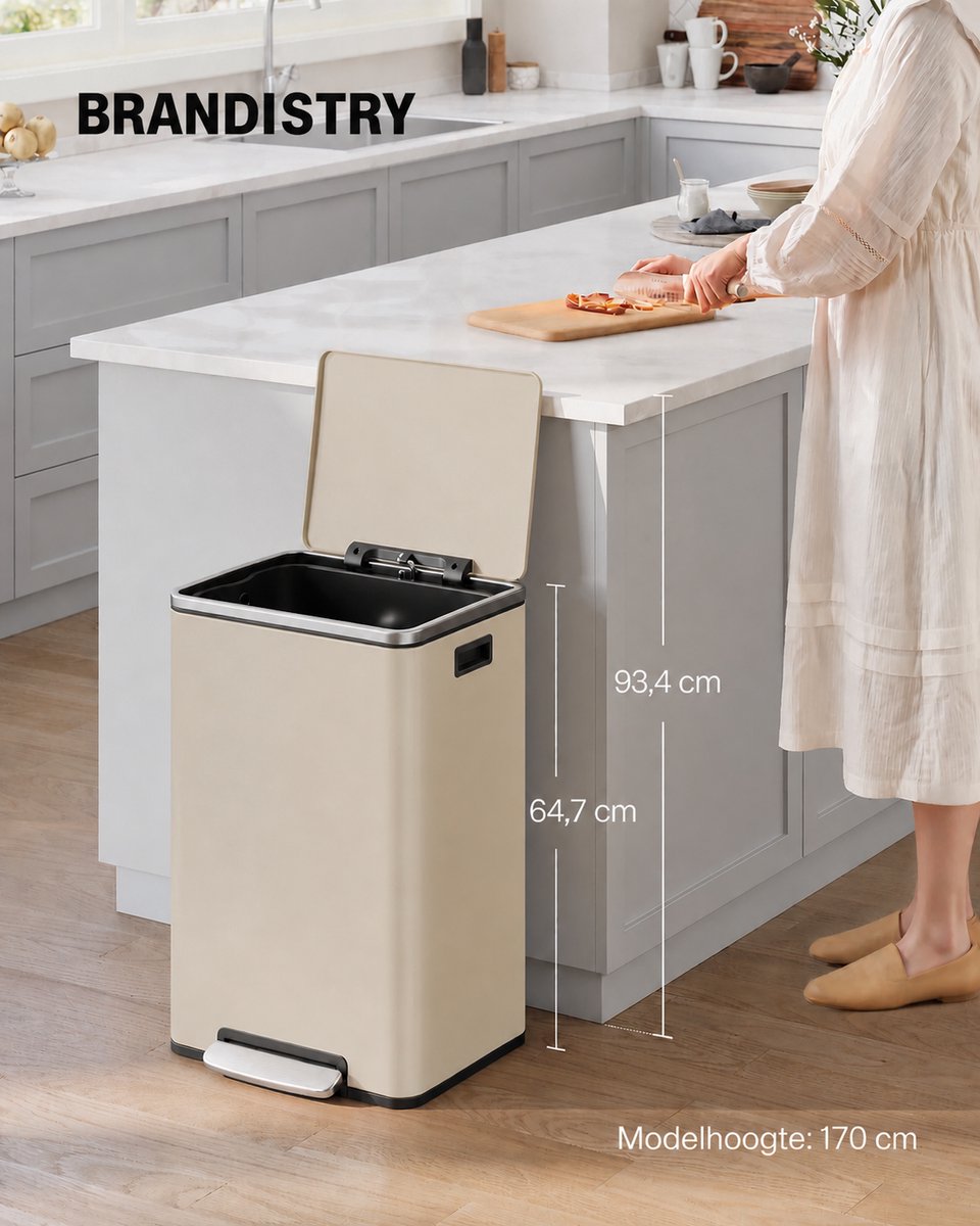 Brandistry - Prullenbak - Vuilnisbak - Pedaalemmer - Prullenbak 50 liter - Staal - incl. 15 Vuilniszakken - Softclose - Beige