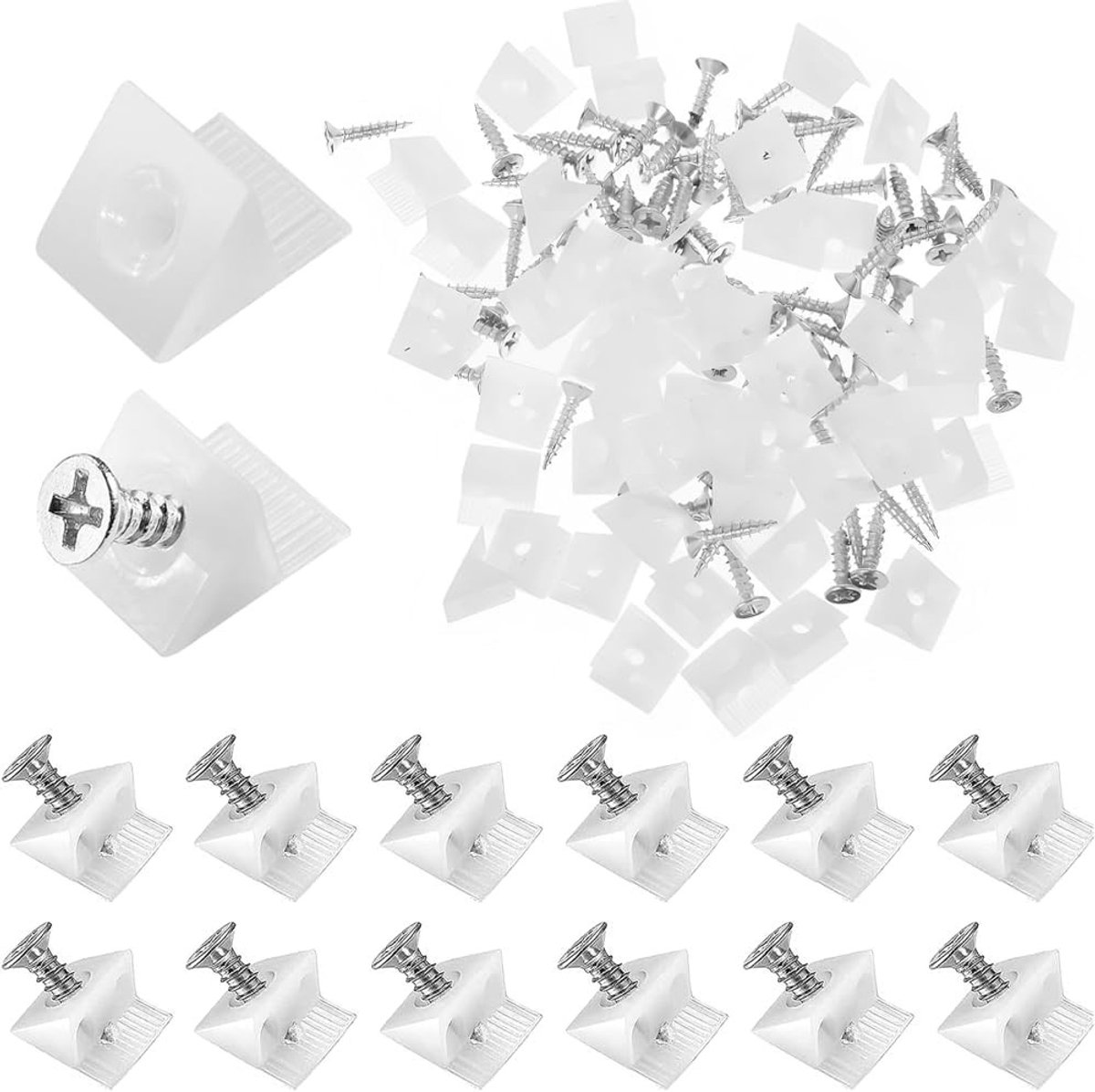 Set van 100 kunststof achterwandconnectors, wandbekleding voor kasten, lades en dozen, inclusief schroeven en witte wiggen voor stevige bevestiging