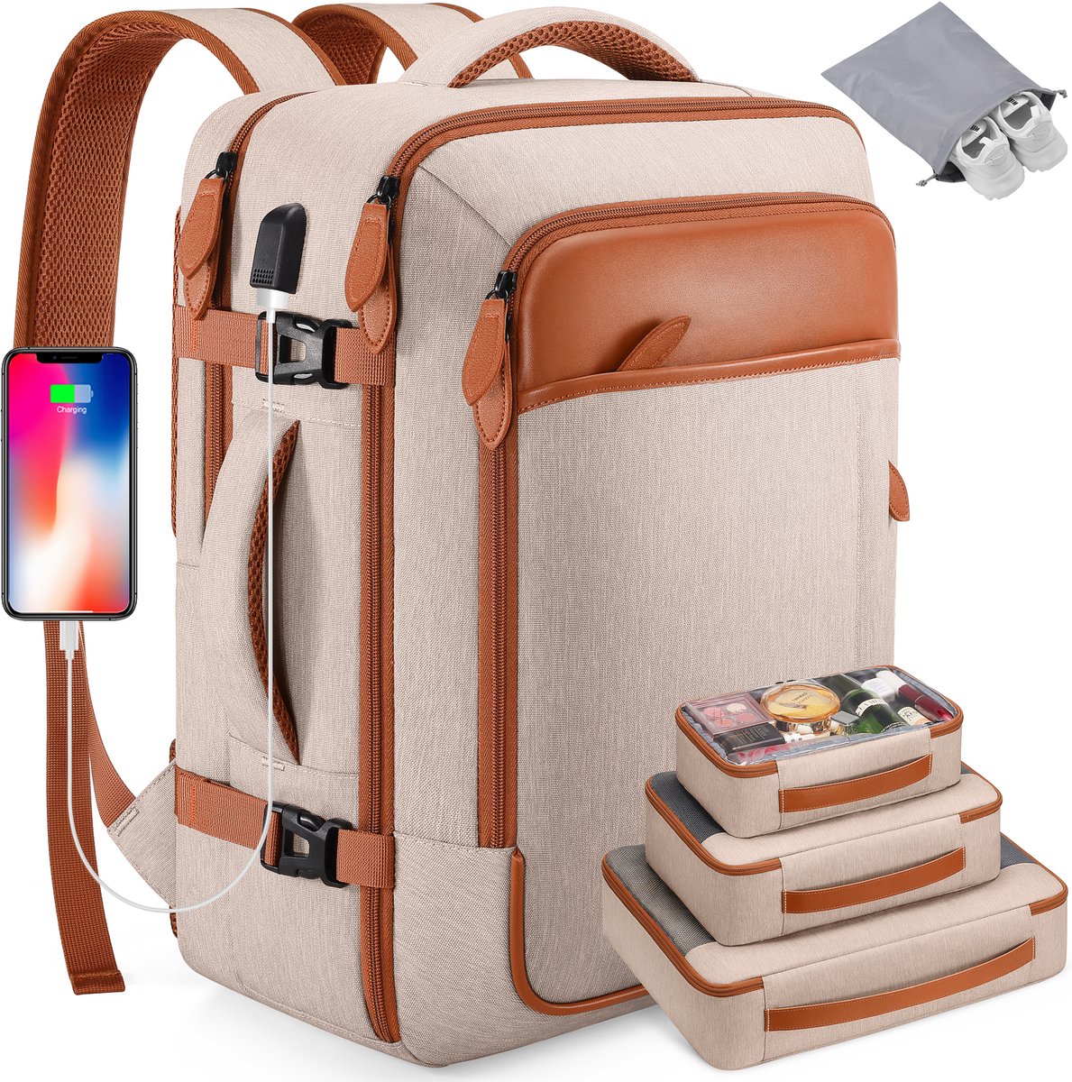 MODENUIT Reistassen - Weekend Backpack - Met Diefstalbestendige Achterzak En Meerdere Opbergvakken Voor Vrijetijd En Sport - Polyestervezel - Beige