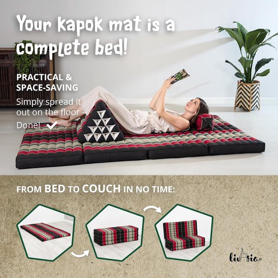 Klapmatras - Gastenmatras Plooimatras - Ontspannen Kamperen - Natuurlijke Kapokvulling - 200x110x8cm - Zwart Rood — afbeelding 4
