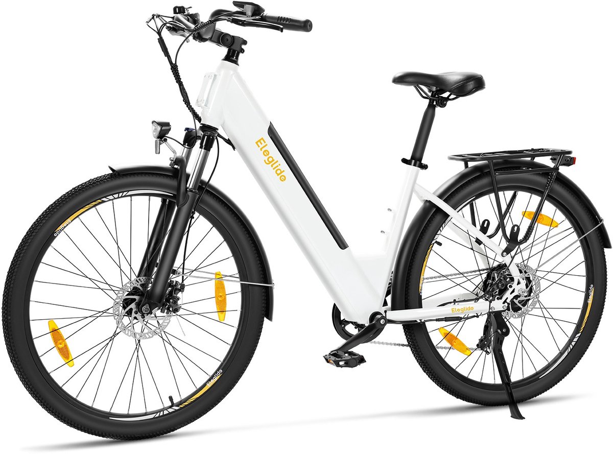Eleglide T1 Step-Thru – Elektrische trekkingfiets met 27,5"CST-banden,36V 13Ah accu(incl. extra),250W borstelloze motor,25km/h, Shimano7versnellingen,max 100 km bereik,IPX4 waterdicht,120kg belasting en dubbele schijfremmen.Kleur:Wit--gratis spatbord - Eleglide - €749,00