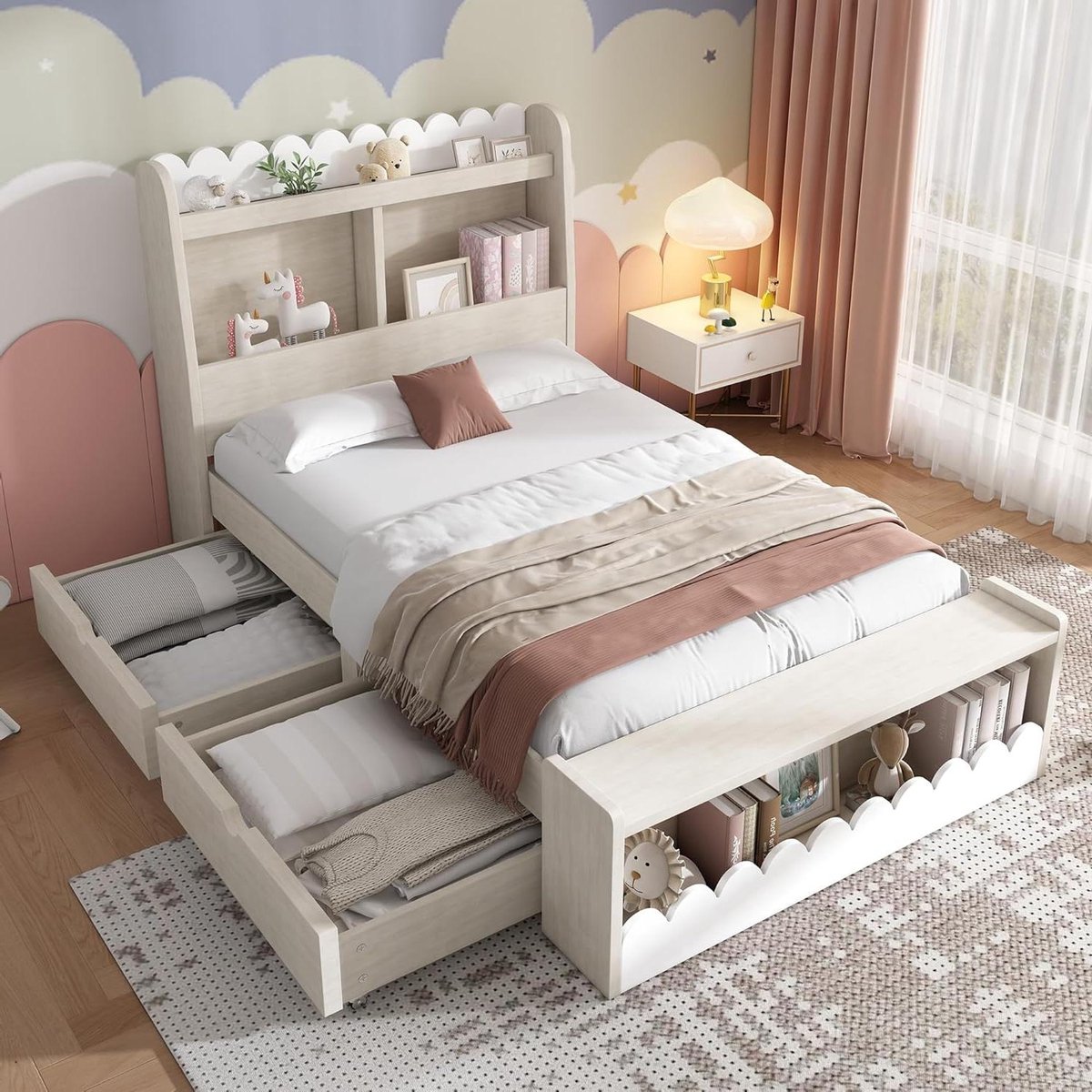 Kinderbed met Laden - Eenpersoonsbed Kinderkamerbed - Slaapkamer Inrichten - Met Golfdecoratie - 90 x 200 cm - Wit