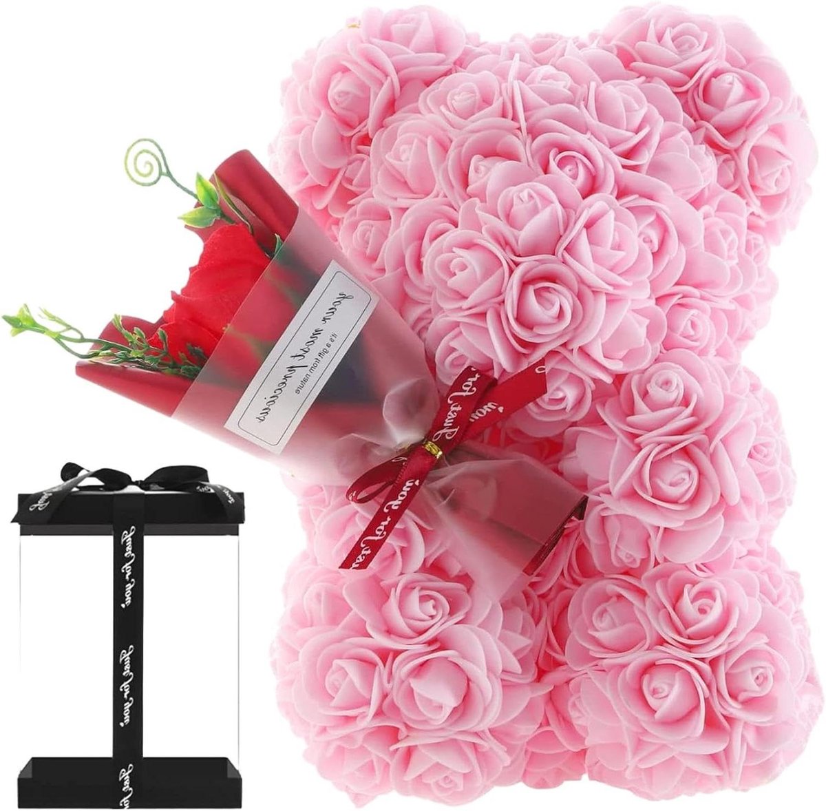 Rozenbeer - Bloemenbeer Kunstbloemen beer - Cadeau geven - Handgemaakt van kunstrozen - 24 cm - Lichtroze