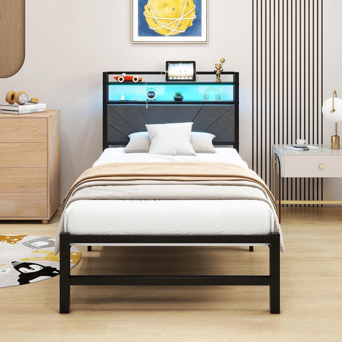 Gestoffeerd Eenpersoonsbed - Metalen Bed Tienerbed - Slaapkamer Inrichten - Hoofdbord Met Opbergvak - 90 x 200 cm - Donkergrijs