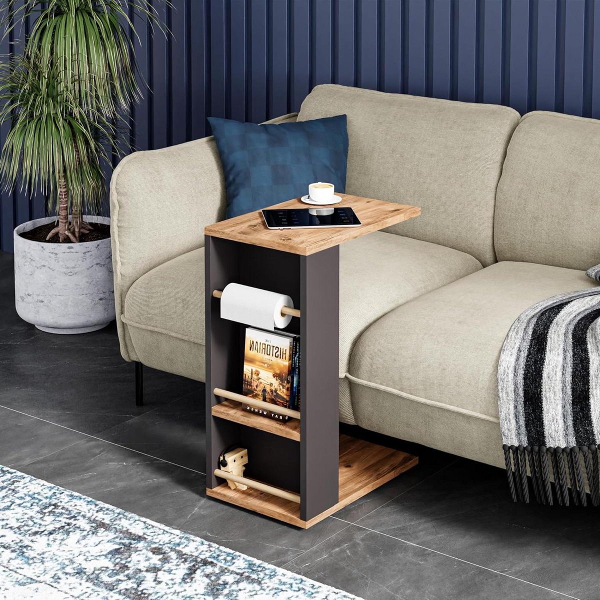 Bijzettafel met wielen - Laptoptafel Salontafel - Werken en opbergen - Horizontale spijlen - 44x29x65 cm - Houtkleurig en zwart