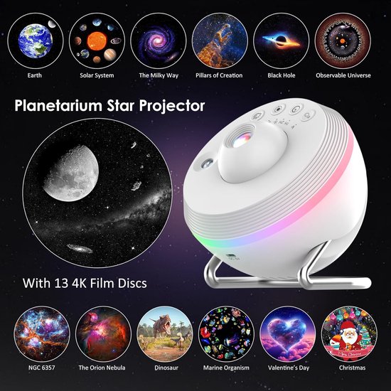 Sterprojector Nachtlampje - Galaxy Lamp Sterrenhemel - Slaapkamer Decoratie - 13 Verwisselbare Thema's - 360 Graden Rotatie - Wit — afbeelding 2