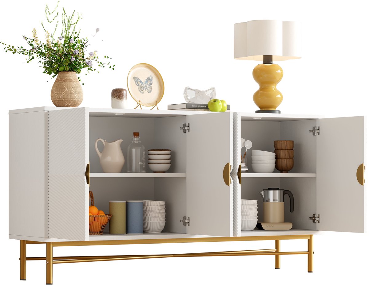 Merax Opbergkast met 4 Deuren - Dressoir Kast met Reliëf Front - Kast met Gouden Handgrepen en Metalen Poten - Wit 160x40x82 cm