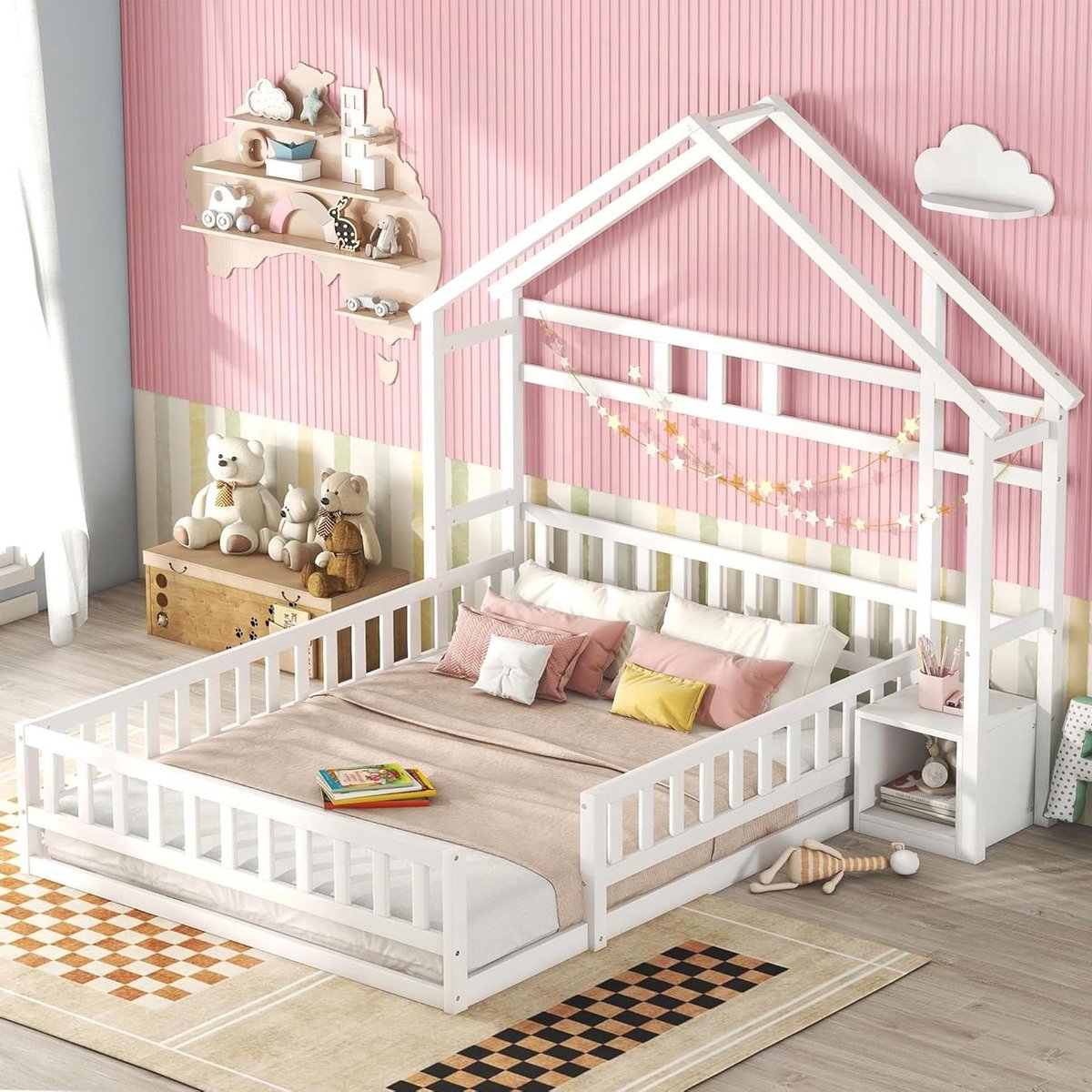 Kinderbed Huisvorm - Houten bed Lighuis - Veilig slapen - Met valbeveiliging - 140 x 200 cm - Wit