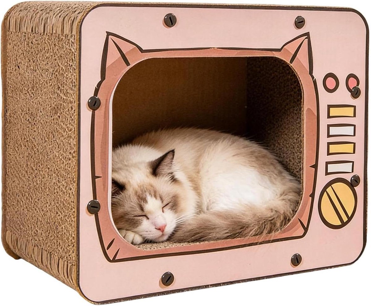 Krabhuis Kat - Kattenhuis Karton - Meubels Beschermen - Retro TV Design - 42x32x11 cm - Roze