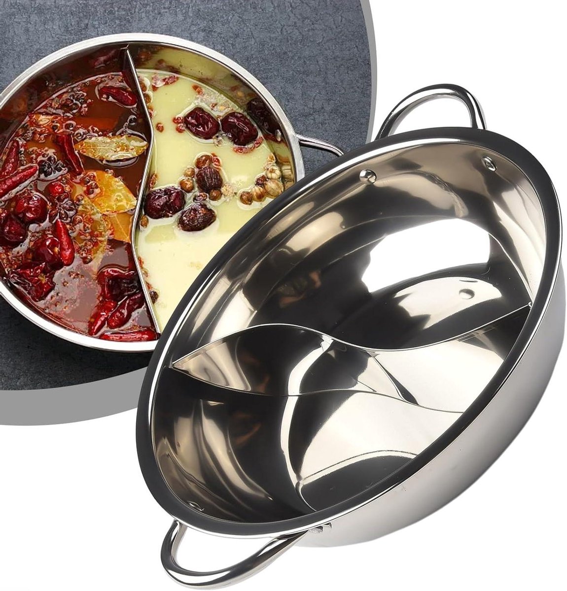 Dubbele Soeppan - Fonduepan met scheider - Gezellig Tafelen - Geen geurmenging - 28 cm - Zilver