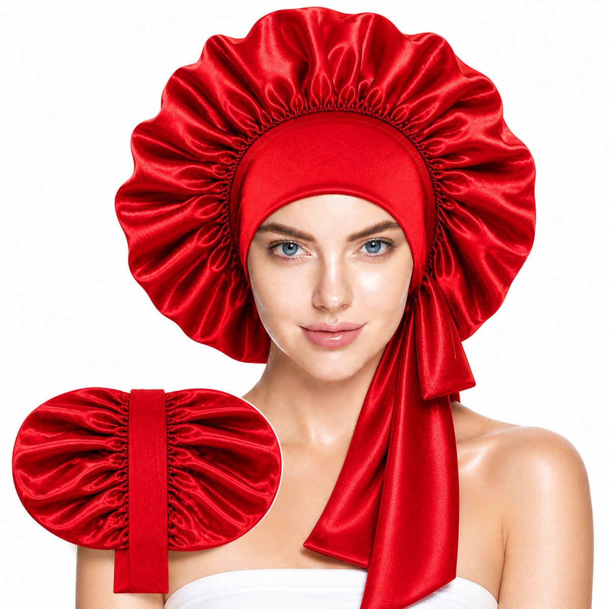 Xaria Slaapmuts - Dubbelzijdige Satijnen Bonnet met Verstelbare hoofdband met Lange Lussen - Bonnet van Satijn - Haarnetjes met dubbele voering - Rood