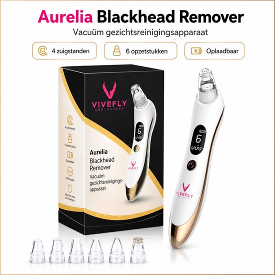 Witte en gouden Aurelia Blackhead Remover mee-eterverwijderaar met 6 opzetstukken. Doosje met informatie.