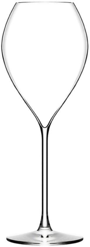 Een leeg, helder champagneglas met een lange steel en een V-vormige kelk, tegen een witte achtergrond.