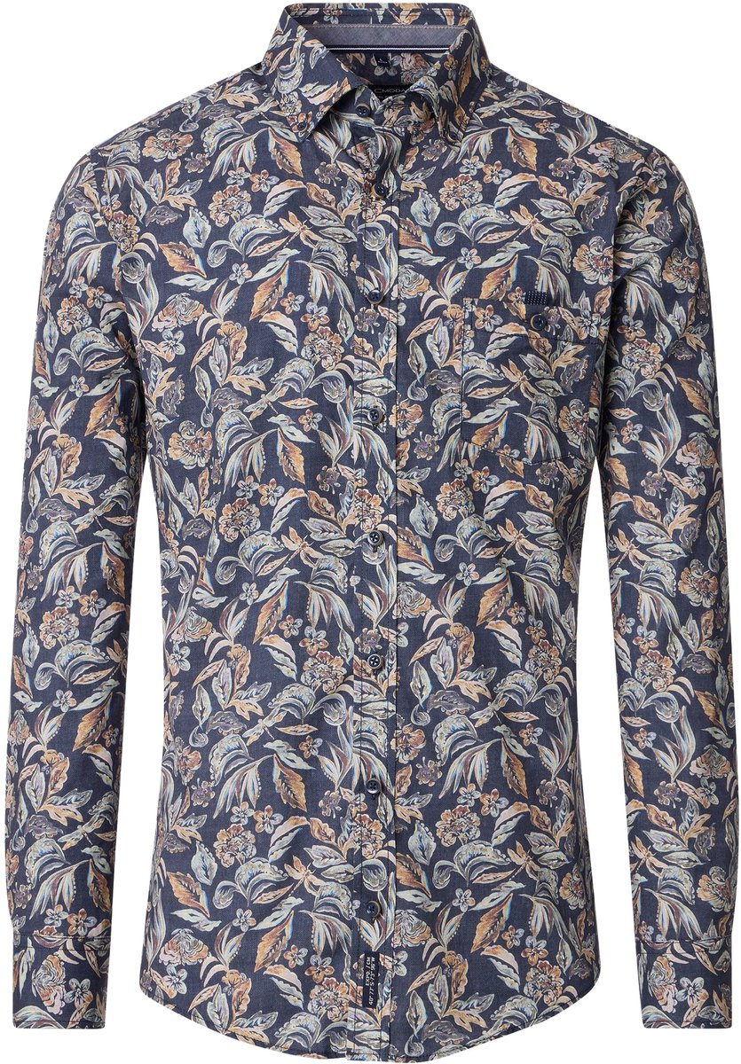 CASA MODA Sport casual fit overhemd - popeline - donkerblauw met beige bloemen dessin - Strijkvriendelijk - Boordmaat: 45 - 46