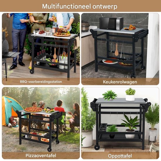 Buitenkeuken op Wielen - BBQ Trolley - Met Opbergkast & Planken - Werktafel voor Buiten - Hout & Metaal - Multifunctioneel - Zwart — afbeelding 5