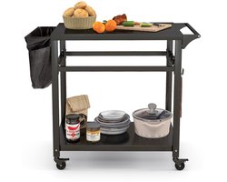 Buitenkeuken op Wielen – BBQ Trolley – Met Opbergkast & Planken – Werktafel voor Buiten – Hout & Metaal – Multifunctioneel – Zwart