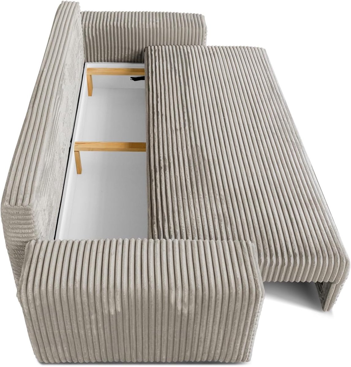 Slaapbank 3-Zits 265 cm Breed – Corduroy Beige Bank met XXL Slaapfunctie 205x150 cm & Opbergruimte – Afneembare Wasbare Hoezen – Comfort T30 Schuim & Nosagveren – Woonkamer Bankbed Laura