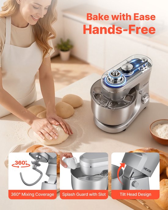VEVOR Staande Mixer/Foodprocessor voor Bakken, 1500W Deegmachine met Roestvrijstalen Kom (5,7 L) & Deeghaak & Klopper & Garde, 10 Snelheden Kantelbare Mixer van Merkloos — afbeelding 4