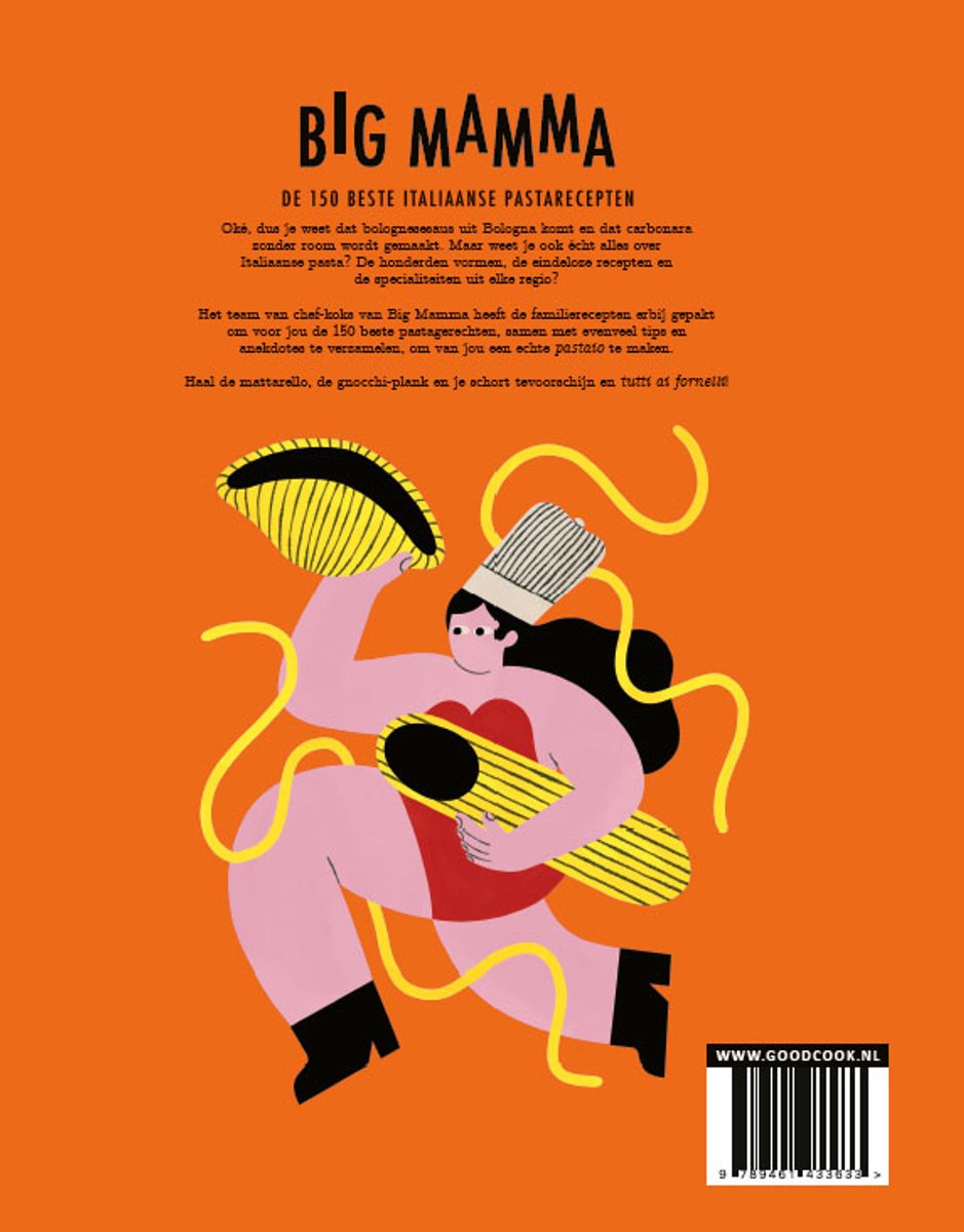 De achterkant van het Big Mamma kookboek met illustraties van pasta, een vrouw met een koksmuts en gele slierten.