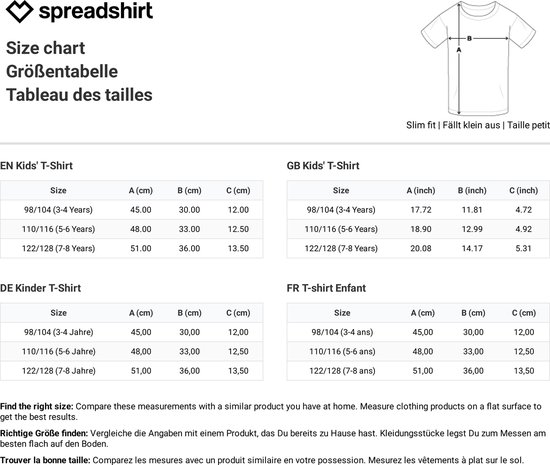 Spreadshirt maattabel voor kind T-shirts in het Engels, Duits en Frans.
