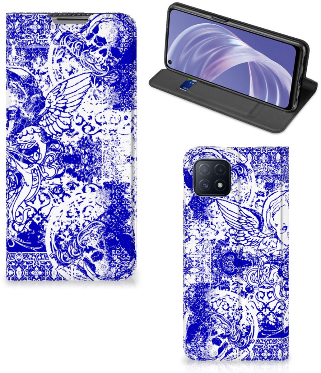 Mobiel BookCase OPPO A73 5G Angel Skull Blauw