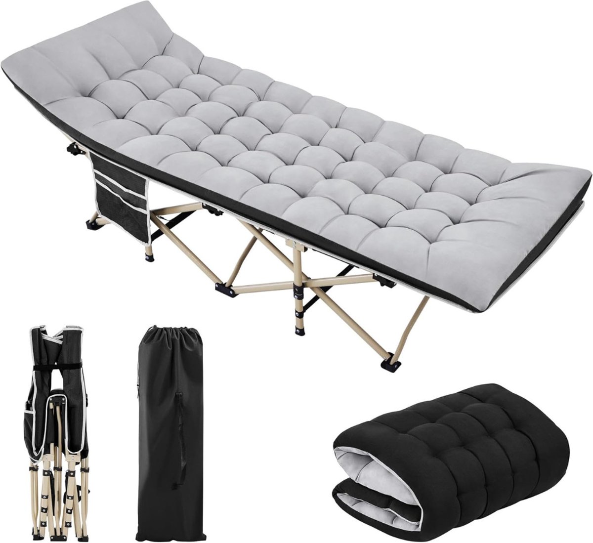 Zylo® Campingbedje Inclusief Matras - Campingbedje - Reidsbed - Grijs - 191cm x 67cm x 56cm