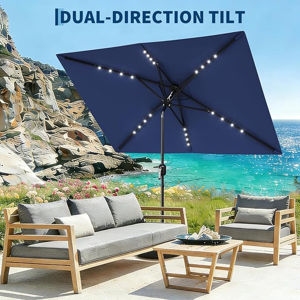Rechthoekige parasol op zonne-energie (3 x 2 m) met ledverlichting – UV-bescherming, kleurvast, waterdicht, geperforeerde parasolkap, slingermechanisme, kantelbaar met drukknop – Zonnescherm voor terras, zwembad, tuin en gazon
