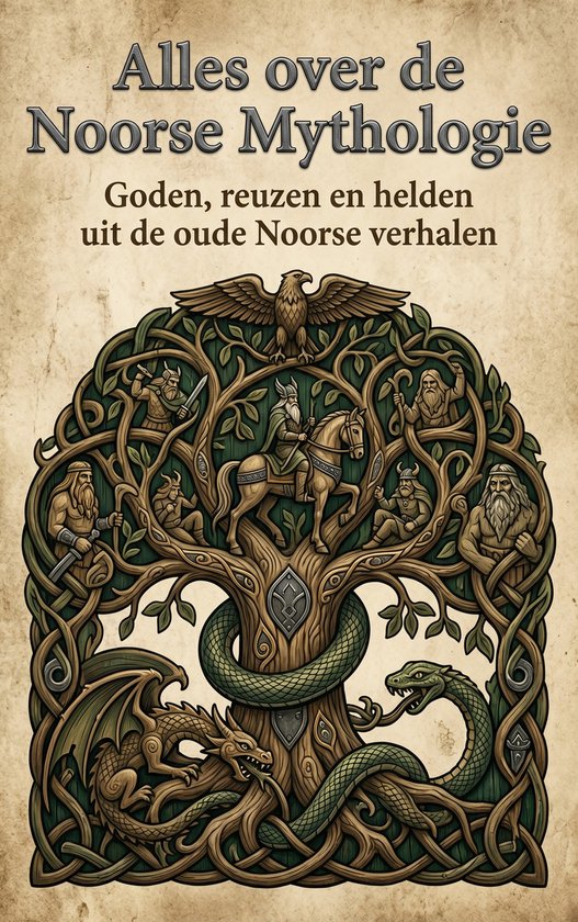 La couverture d'un livre, 'Tout sur la mythologie nordique', avec une image d'un arbre de vie avec des dieux, des géants et un dragon.