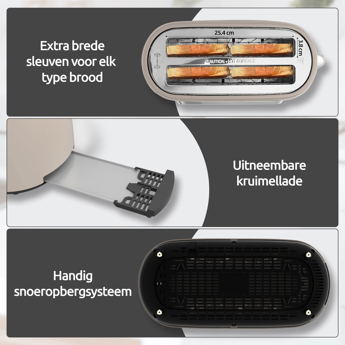 Olvy Broodrooster XL - Lange Sleuven - Timerfunctie - LCD Display - Kruimellade - Toaster - 1500W - Ontdooien & Opwarmen - Beige thumbnail 8
