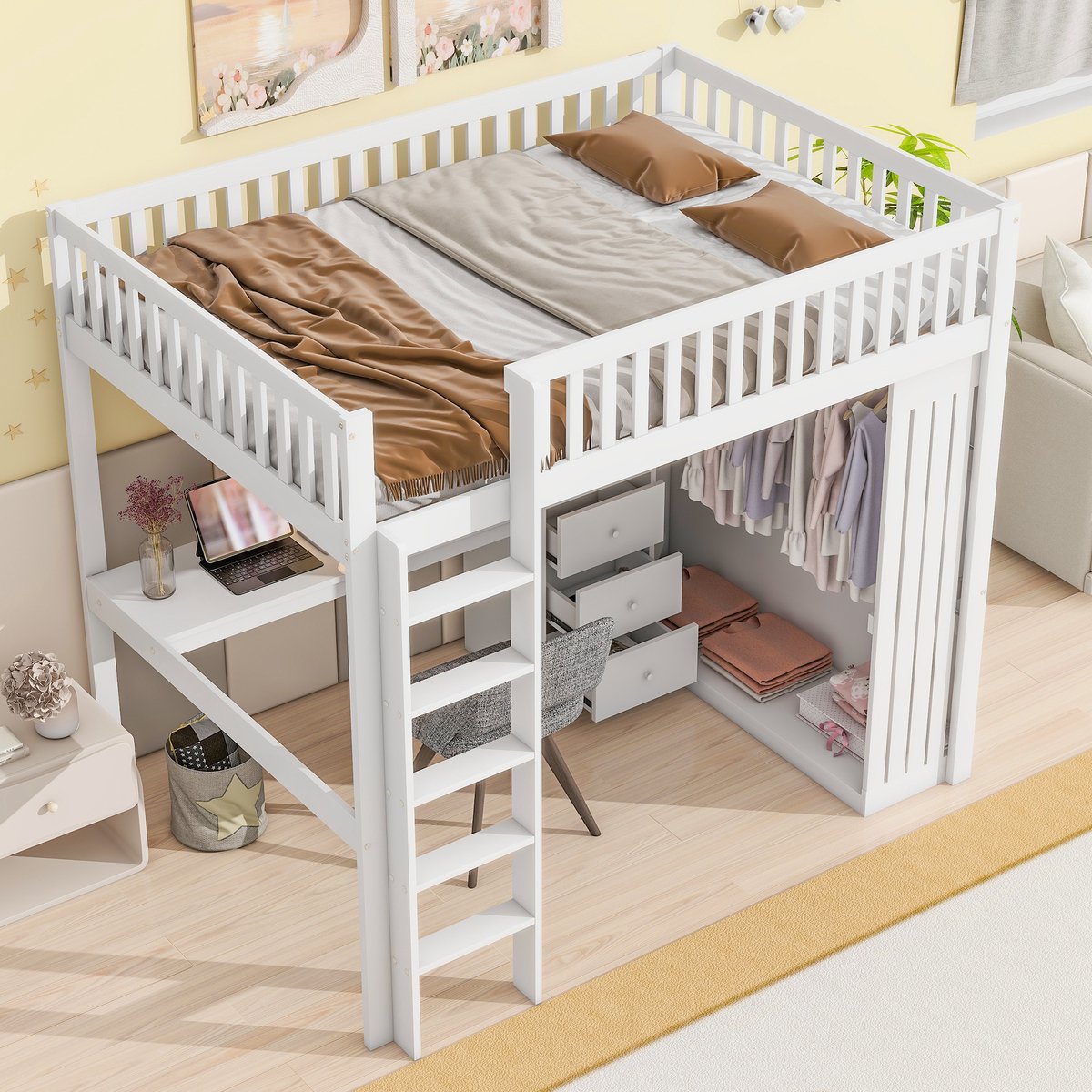 DESMIU Hoogslaper 140x200cm Met Matras Zonder Matras – Hoogslaper Met Bureaublad En Ingebouwde Kledingkast – Opbergruimte Met 3 Lades – Voor Jeugd En Slaapkamer – Grenenhout En MDF – Wit