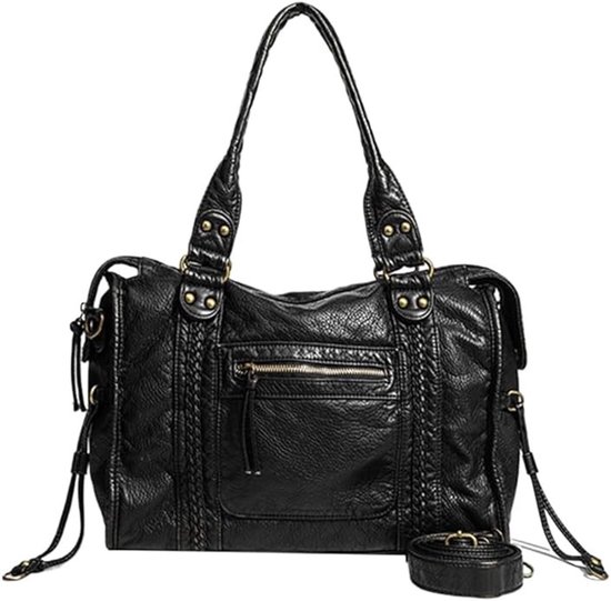 Zwarte leren look tote bag met hengsels, ritssluiting en voorvak.