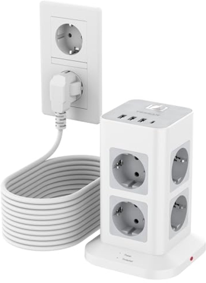 Stekkerdoos met 8 AC-stopcontacten, 4 USB-poorten, overspanningsbeveiliging, schakelaar en verlengkabel 10 m, 3600 W, grijs