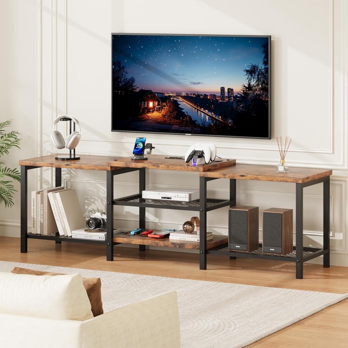 TV-meubel industriële stijl- houten tv-meubel met stopcontacten- ledstrip- 4 open opbergpl
