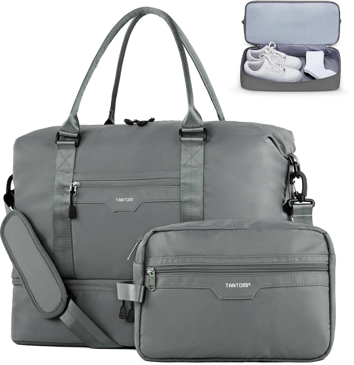 TANTOMI - Reistas Handbagage - 46x23x32cm - voor Dames en Heren - met Schoenenvak & Toilettas - Waterdicht - voor reizen, sport, fitness - Weekendtas - Sporttas - Donkergrijs