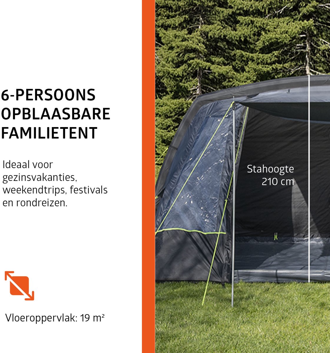 Campout 6-Persoons Familietent Opblaasbare Tunneltent – 5000 mm Waterdicht – 2 Slaapcabines – 19 m² – 15 min Opzettijd – Incl. Pomp & Luifel – foto 8